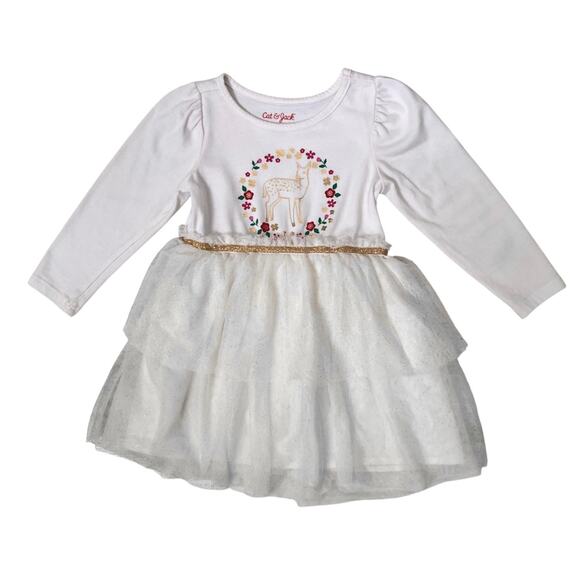 Cat & Jack Dress Girls 2T White Gold Tulle Long Sleeve Deer Floral Christmas - Picture 4 of 11